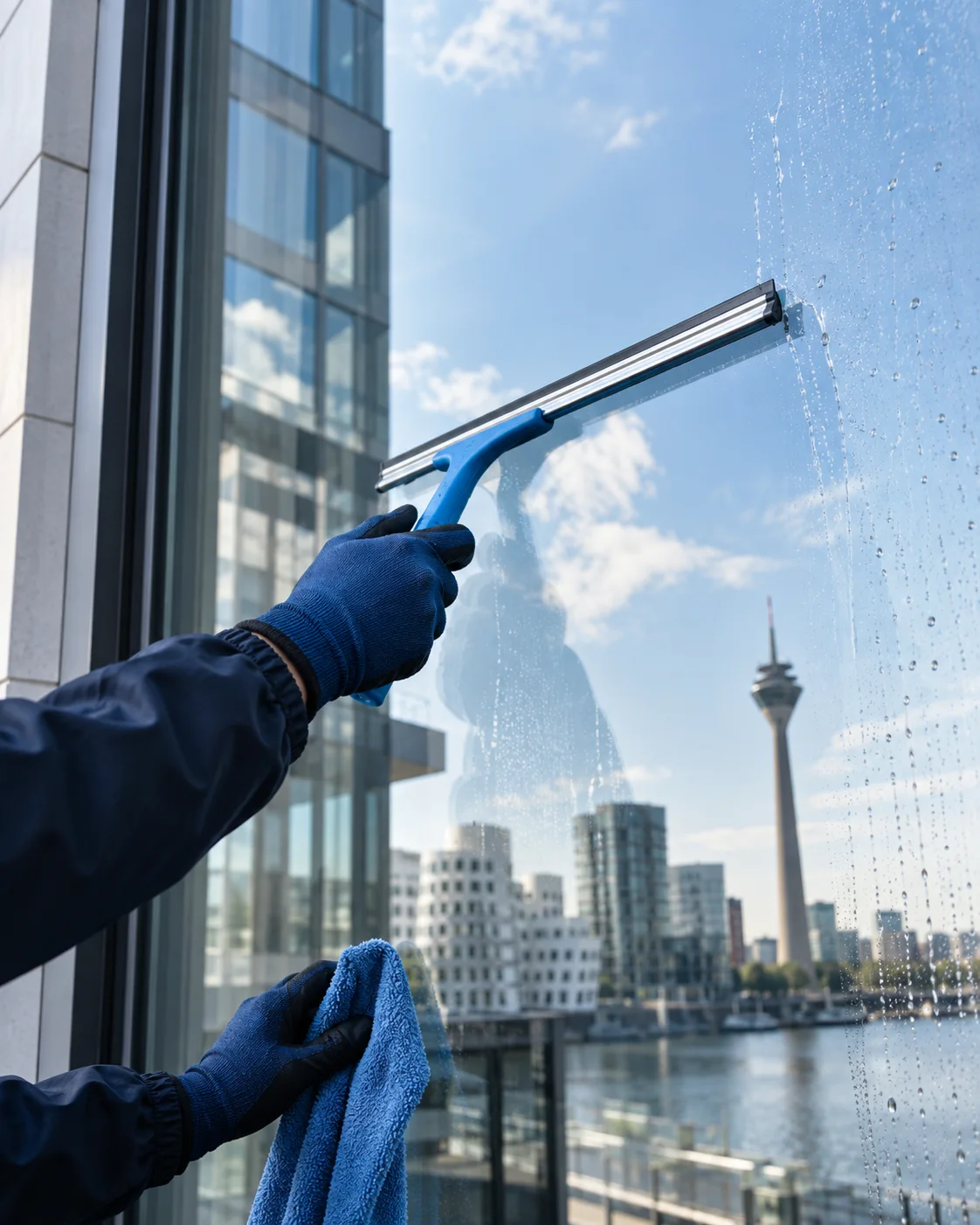 Sorgfältige Glasreinigung mit professionellem Abzieher